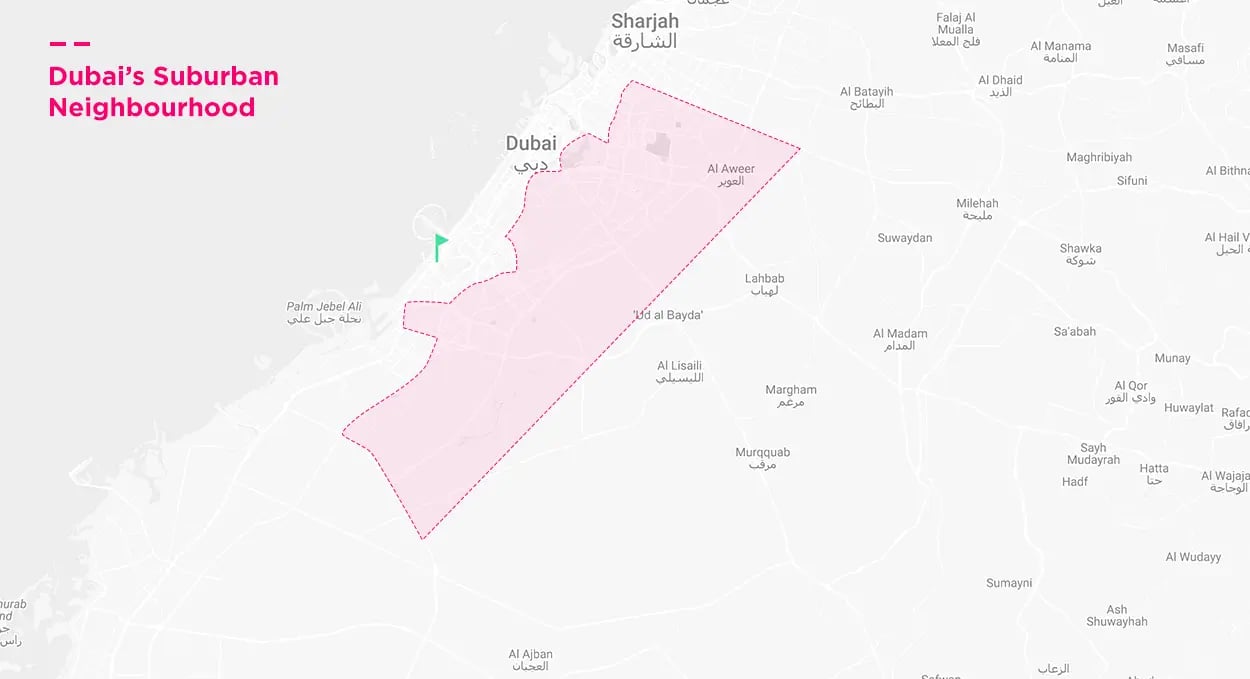Dubai's suburban neighbourhood highlighted on a map in aerial view