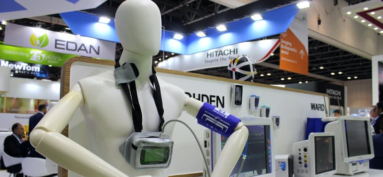 dummy with blood pressure device at Dubai Health 2020 