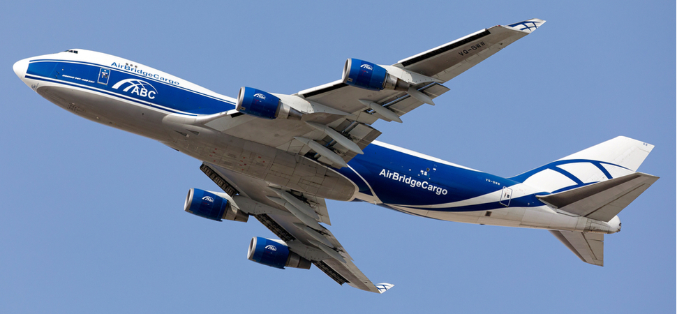 AirBridgeCargo Airlines cargo plane flying over Dubai
