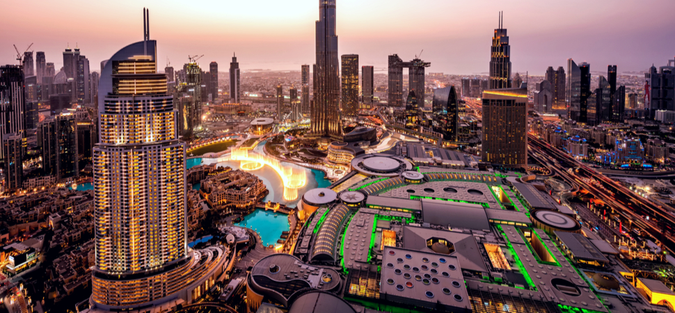 Dubai buildings cityscape in evening lights
